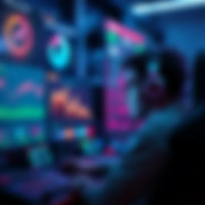 A gamer focuses on a screen, practicing skills in a competitive gaming environment, with charts and stats displayed