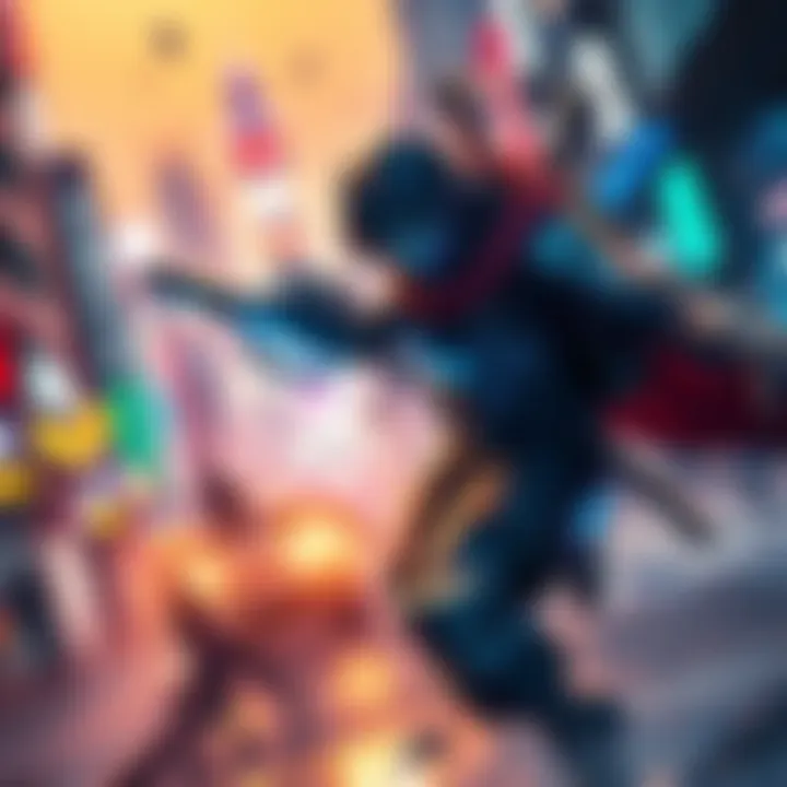 A character engaged in combat with futuristic elements in a vibrant city setting