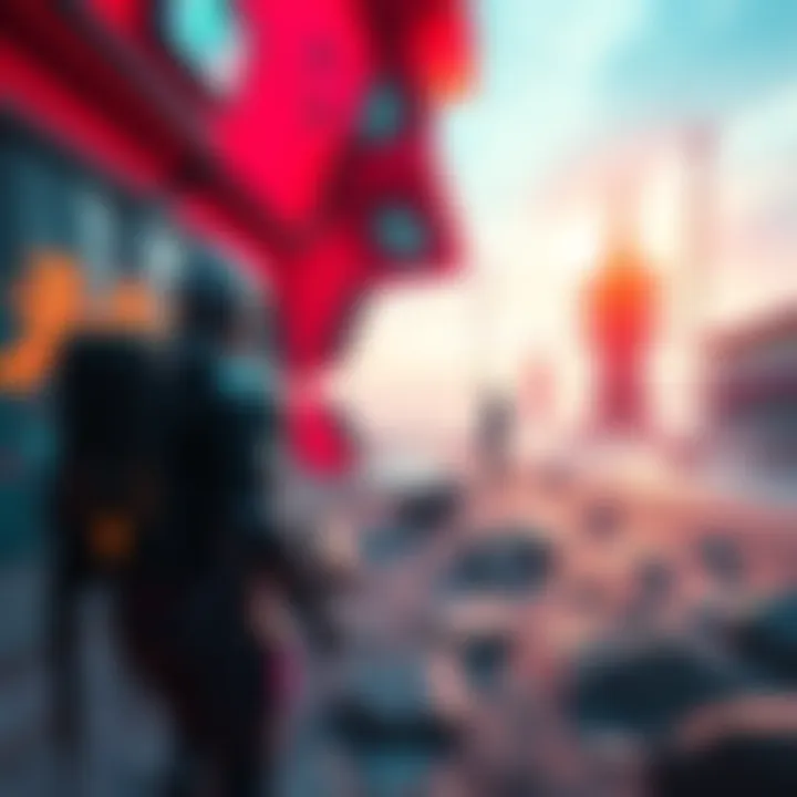 A futuristic scene featuring a character in a high-tech suit exploring a desolate urban landscape with vibrant visuals.