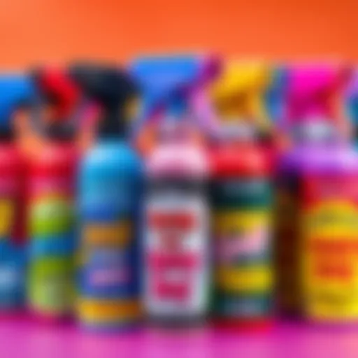 Colorful prank sprays for April Fools' Day A collection of vibrant prank sprays ready for April Fools' Day, showcasing different funny labels and bright colors.