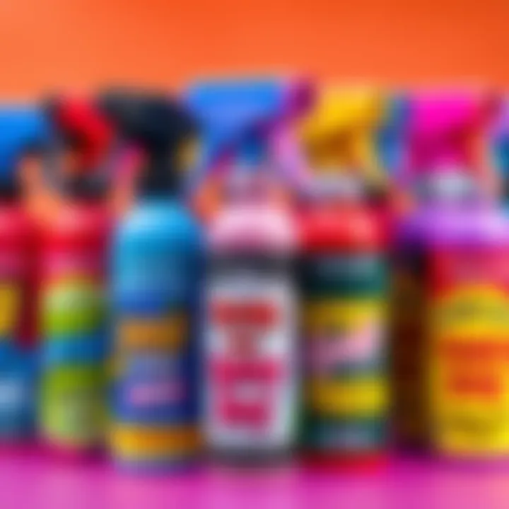 Colorful prank sprays for April Fools' Day A collection of vibrant prank sprays ready for April Fools' Day, showcasing different funny labels and bright colors.