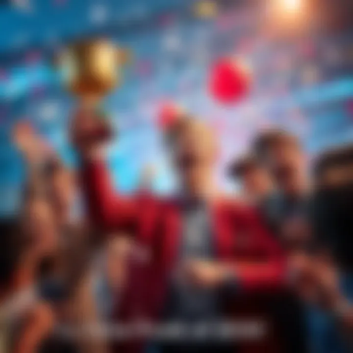 Prankster Celebrating A prankster laughing while holding a trophy, surrounded by amused friends and confetti, showcasing the success of a clever prank.