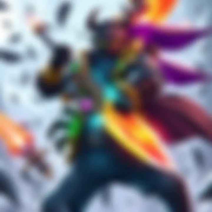 A character wielding a Praxic Blade, demonstrating a powerful and funny build in an action pose, surrounded by dynamic effects and colorful visuals.