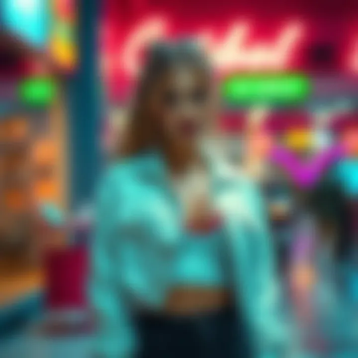 A confident woman styled in trendy fashion with a playful expression, embodying the 'baddie' look, standing in a vibrant setting.