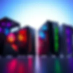 A side-by-side view of different pre-built PCs from various brands, showcasing their designs and case styles.