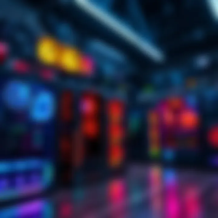 A collection of pre-built gaming PCs displayed with glowing LED lights in a tech store