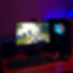 A prebuilt gaming PC with a modern monitor, keyboard, and mouse, showcasing a 1080p gaming scene.