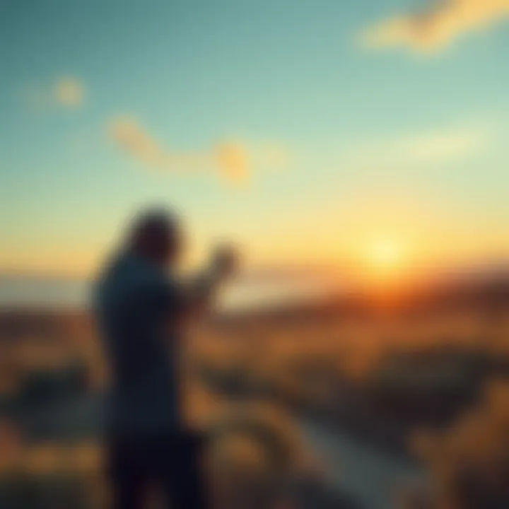 A shooter standing confidently with a pistol, aiming at a distant target in a serene landscape, embodying focus and skill.