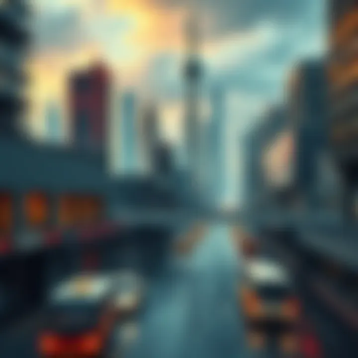 A dynamic view of a futuristic cityscape depicting Predator Concrete Jungle with advanced architecture and bustling life.