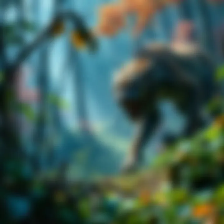 A fierce predator hunting in a vibrant forest, searching for food and water.