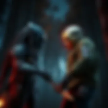 The Predator and Jason Voorhees stand ready for battle in a dark, eerie forest, showcasing their distinct weapons and menacing stances.