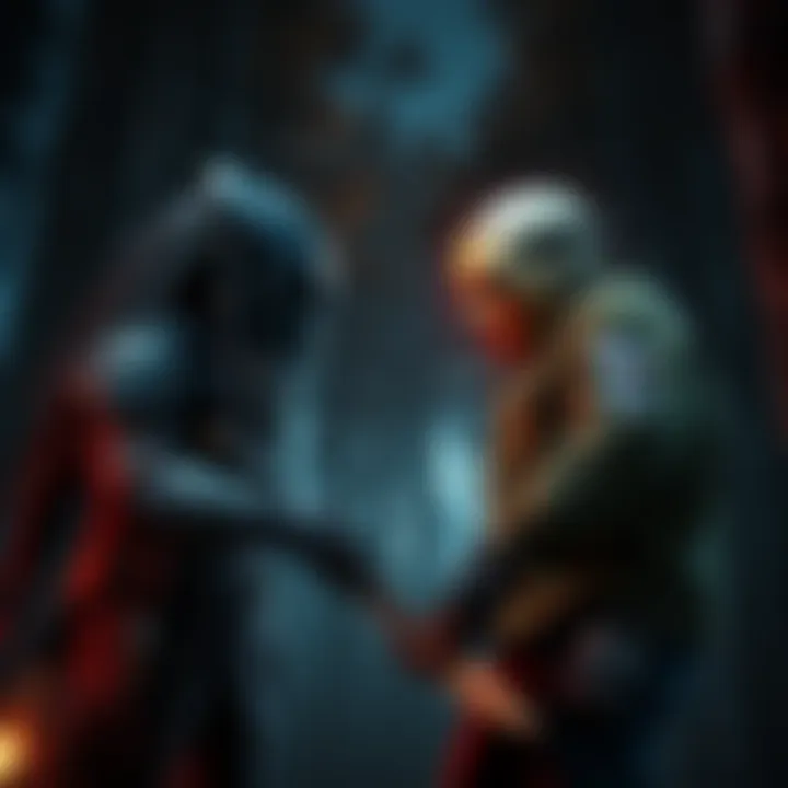 The Predator and Jason Voorhees stand ready for battle in a dark, eerie forest, showcasing their distinct weapons and menacing stances.