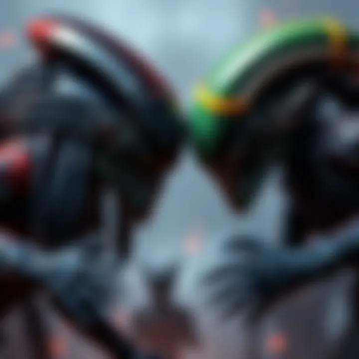 A scene depicting Predators and Aliens facing off in a tense battle