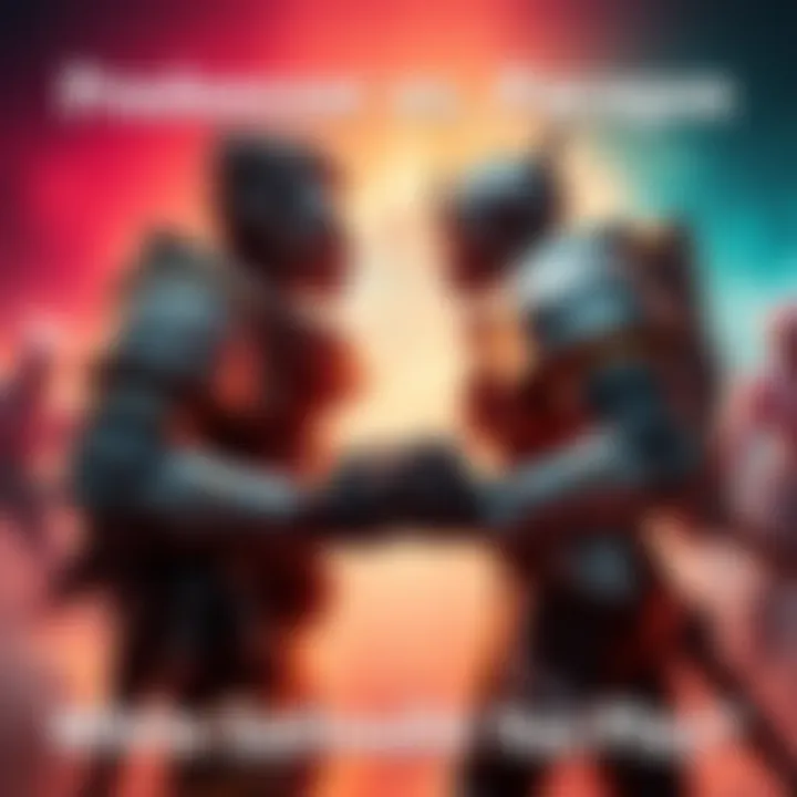 Two game characters facing off, with one representing Predecessor and the other Paragon, showcasing their unique styles and abilities in a vibrant gaming setting.