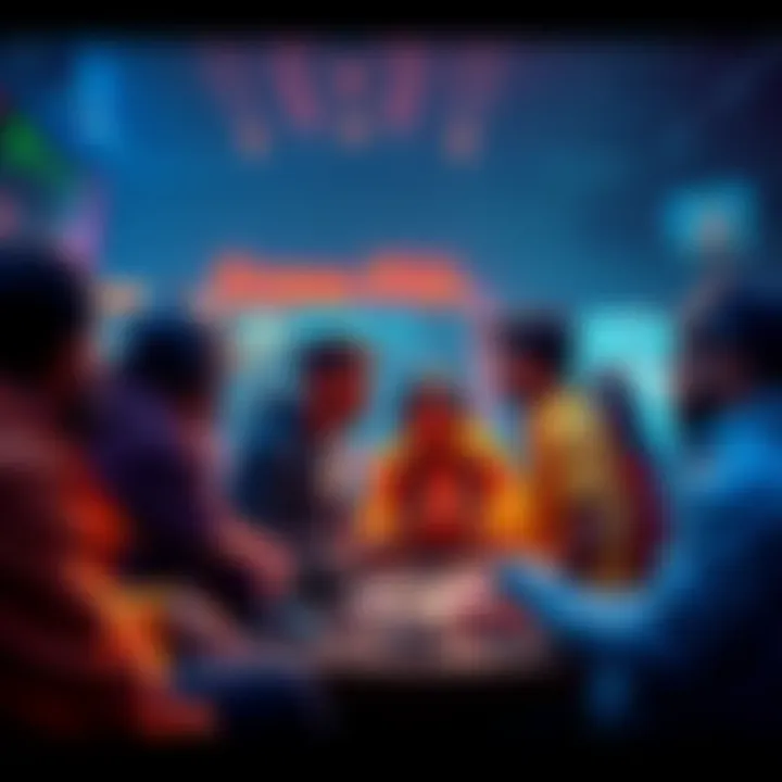 A group of diverse players discussing strategies and gear in a pregame lobby for a multiplayer game.