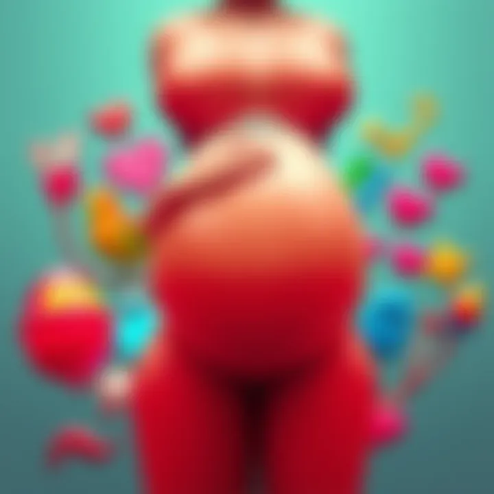 A close-up of the pregnant emoji, depicting a woman with a baby bump, surrounded by symbols of health and motherhood, representing cultural discussions about pregnancy.