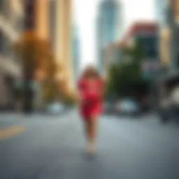 A pregnant woman walking through a city street in Seattle, with tall buildings and trees in the background