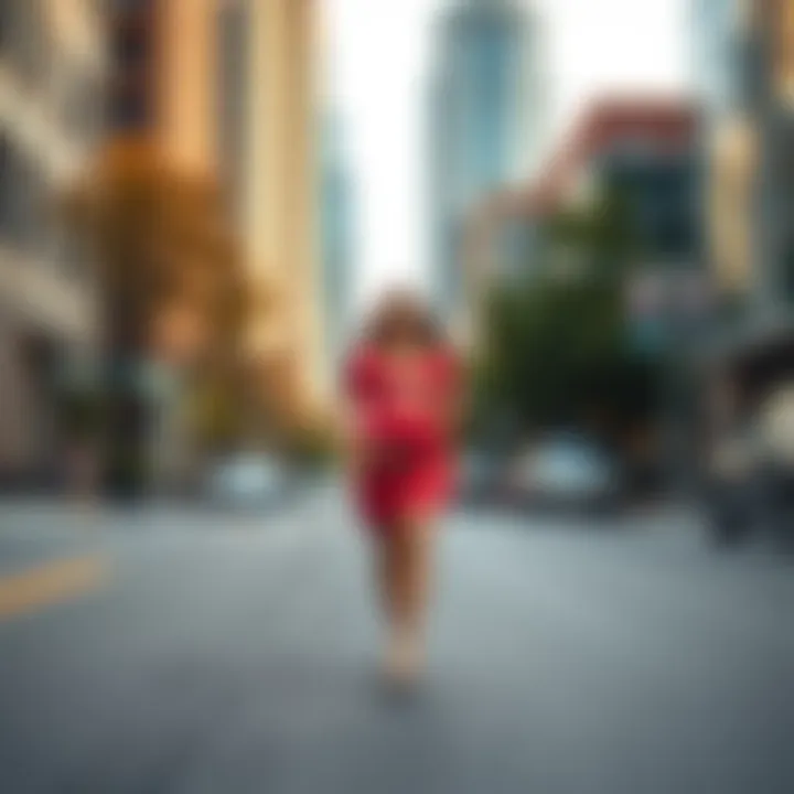 A pregnant woman walking through a city street in Seattle, with tall buildings and trees in the background