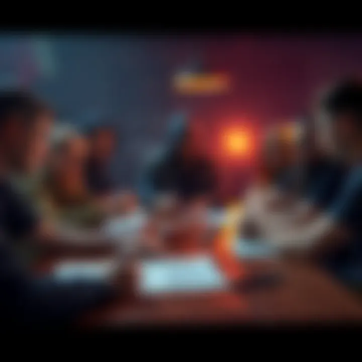 A group of tabletop players discussing pre-made DND characters with character sheets and dice on the table