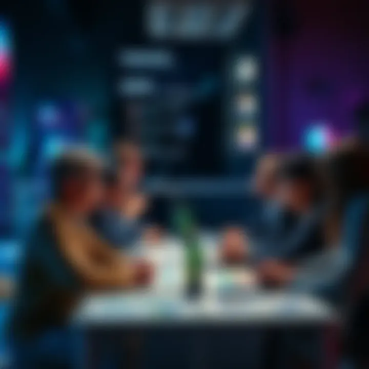 A group of people discussing the pros and cons of premium access services, with charts and graphs on a table.