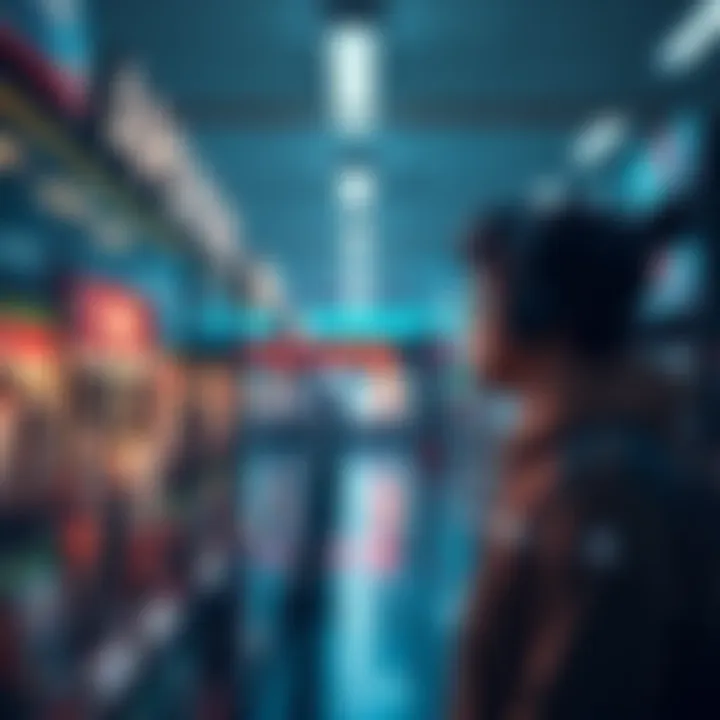 A person hesitates at a video game store, looking at a pre-order display with a questioning expression.