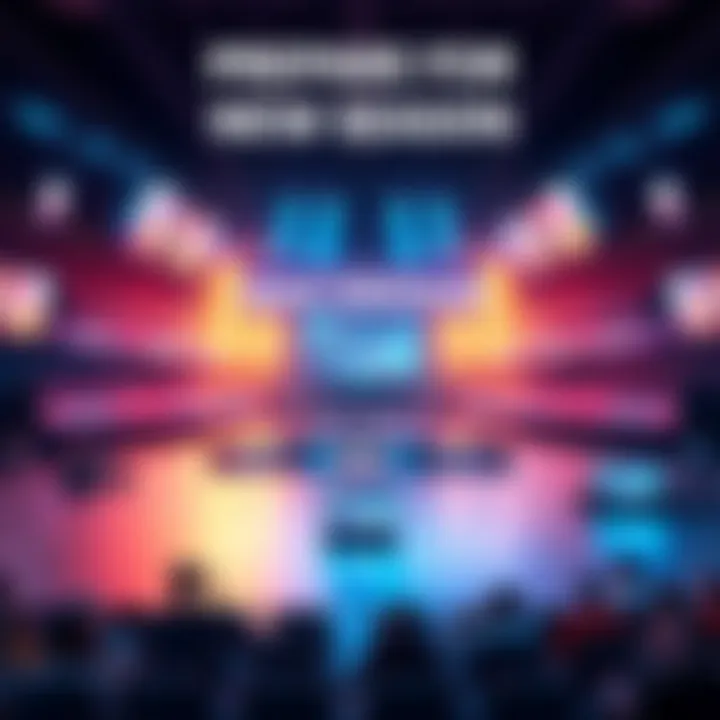 A vibrant arena with banners announcing the new season, featuring players ready for action and two different arena modes shown