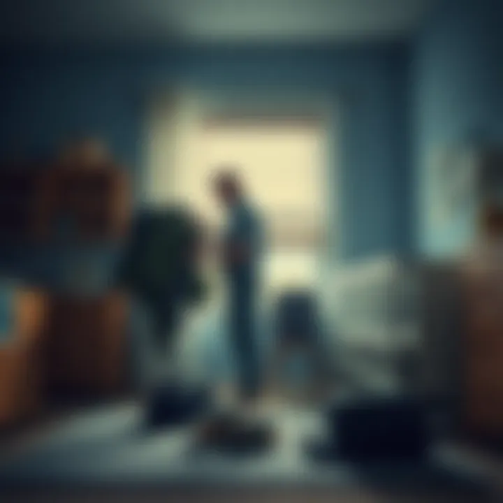 A soon-to-be father packs away military gear while arranging nursery furniture, symbolizing his transition to fatherhood.