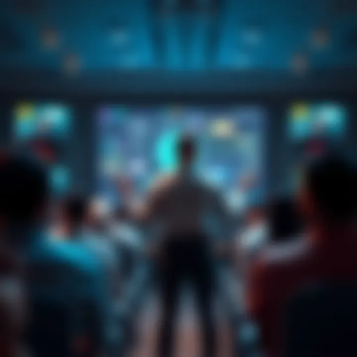 A person stands confidently in front of an audience, presenting their ideas with visuals on a screen behind them.