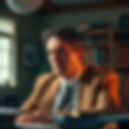 A portrait of President Myers in his early days, showcasing his determination and ambition in his office, surrounded by books and papers.