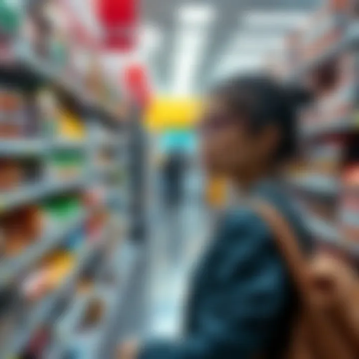 A shopper looking confused while comparing prices of several products in a store aisle.