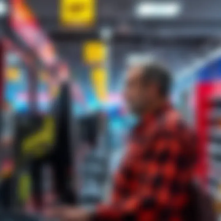 A concerned shopper looking at a computer in a store with a price tag indicating rising costs due to memory and SSD volatility