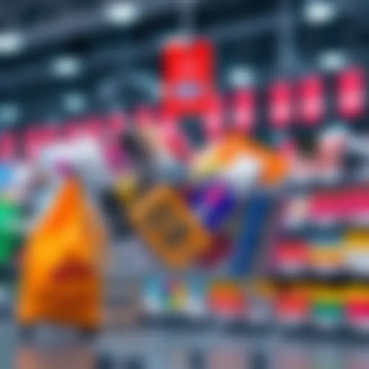 A shopping cart filled with various products and price tags showing different amounts, symbolizing value perception in purchasing decisions.