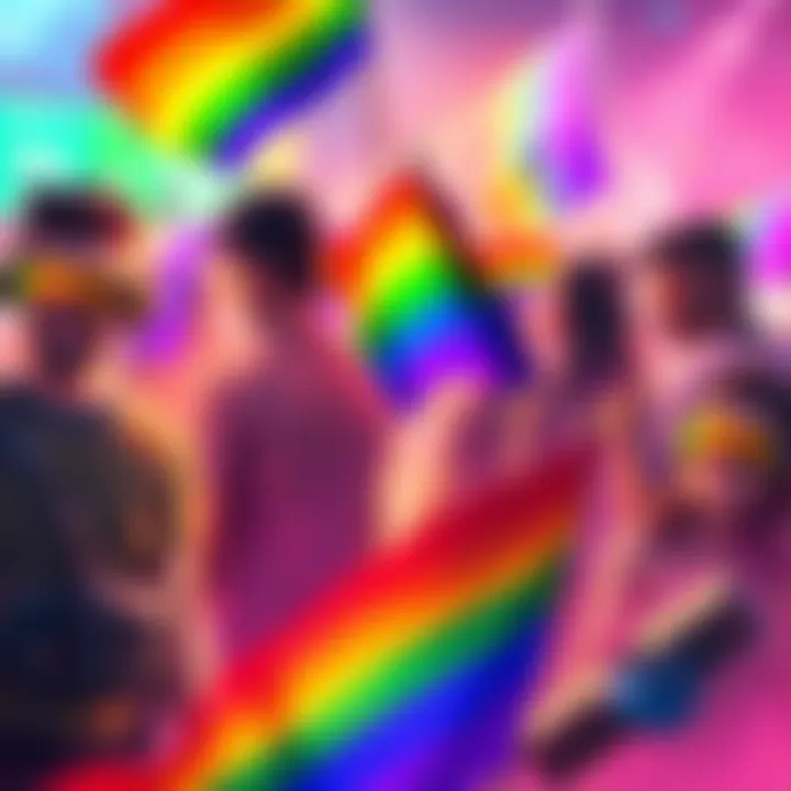 Various gaming characters showcasing vibrant Pride Shaders in a colorful game environment