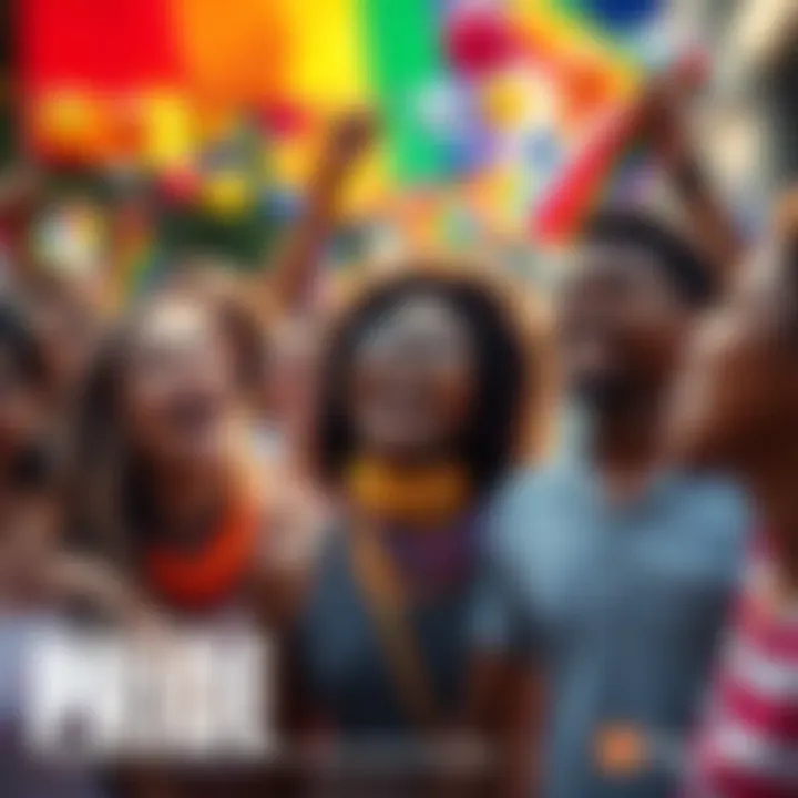 A diverse group of people joyfully celebrating Pride Month with colorful flags and decorations.