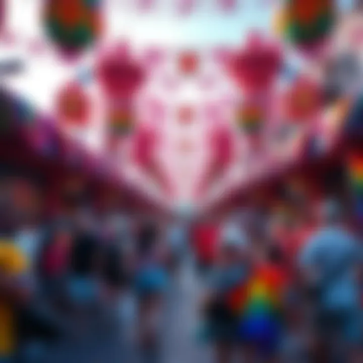A colorful scene of the Pride Festival with vibrant decorations and people enjoying the event while showcasing the Dayglow Lifeweaver skin