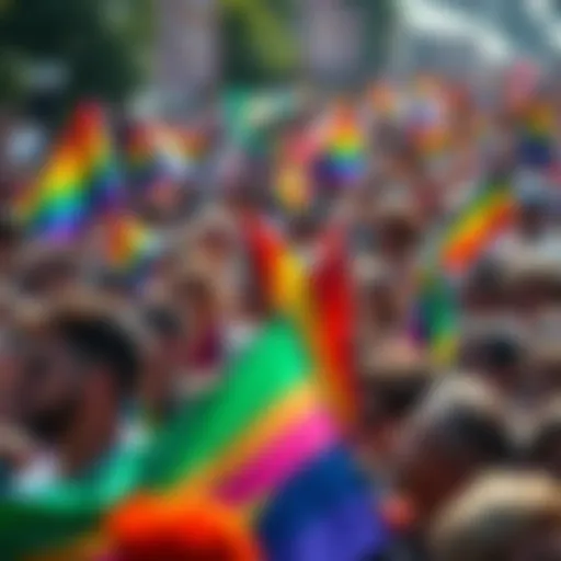Colorful crowd celebrating Pride Month with rainbow flags and joyful expressions