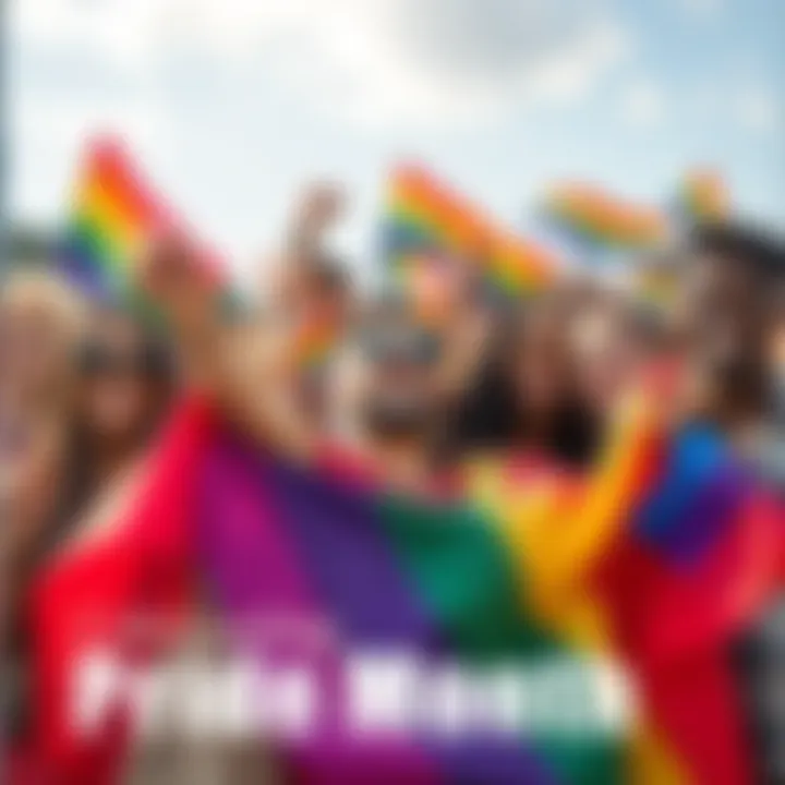 A diverse group of people holding rainbow flags, smiling and celebrating together during Pride Month festivities.