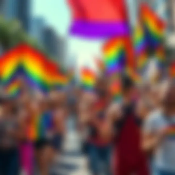 A vibrant parade featuring people holding rainbow flags and banners celebrating LGBTQ+ rights, with colorful outfits and joyful expressions.