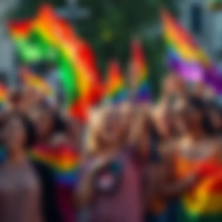 A diverse group of people holding colorful flags and celebrating Pride Month with smiles and joy.