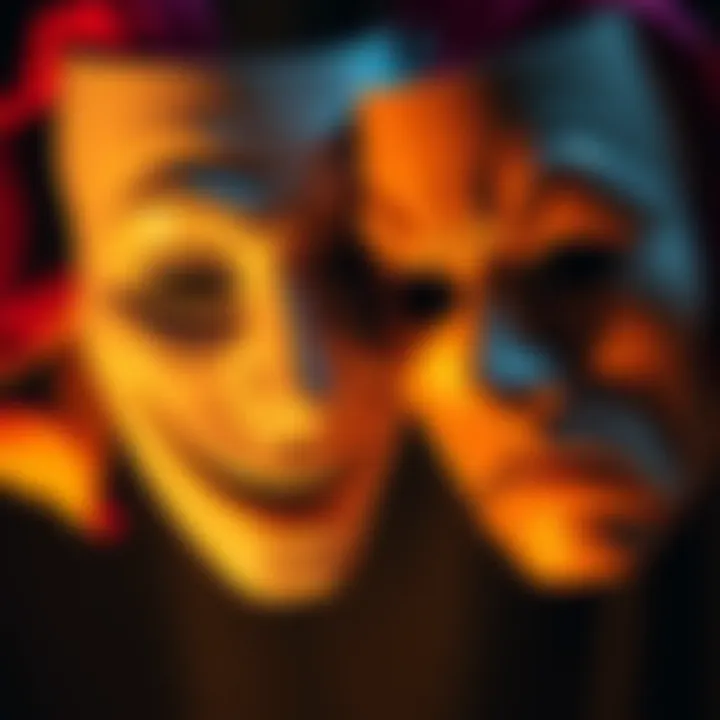 Two masks representing pride and shame A close-up of two theatrical masks, one smiling and the other frowning, symbolizing the emotions of pride and shame.