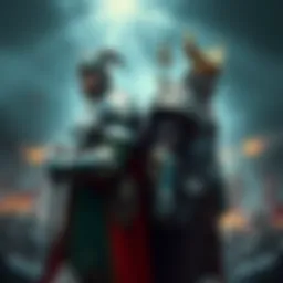 Two warriors in ornate armor, representing Alpharius and Omegon, stand back-to-back, with a backdrop of a war-torn battlefield. One wears a green and silver color scheme, while the other is cloaked in...