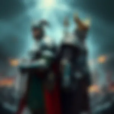 Two warriors in ornate armor, representing Alpharius and Omegon, stand back-to-back, with a backdrop of a war-torn battlefield. One wears a green and silver color scheme, while the other is cloaked in...