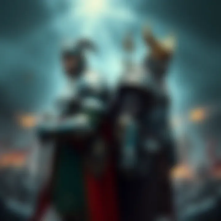 Primarch Alpharius and Omegon Two warriors in ornate armor, representing Alpharius and Omegon, stand back-to-back, with a backdrop of a war-torn battlefield. One wears a green and silver color scheme, while the other is cloaked in...