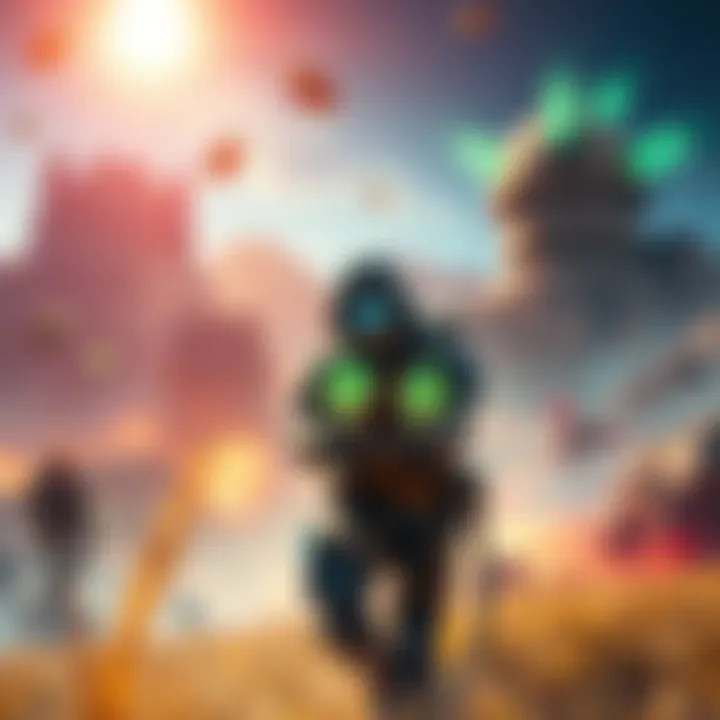 A character in a game collecting prime engrams during a solo operation on a vibrant battlefield.
