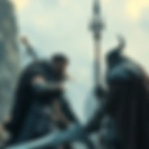 Prince Azrak, a warrior with a sword, faces Odin, the Norse god with a spear, in a dramatic encounter amidst a mythological setting
