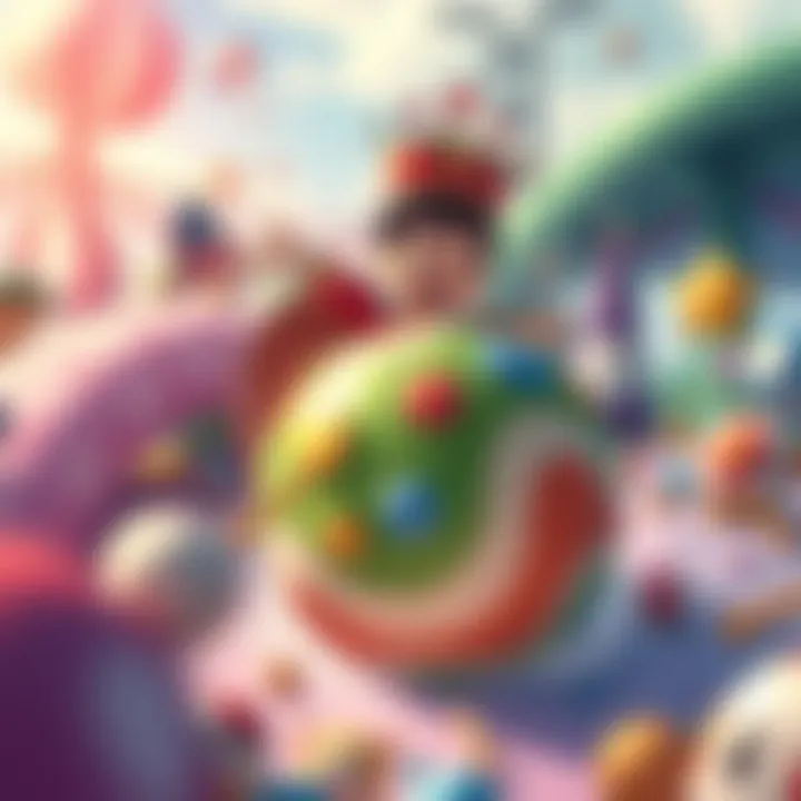 A colorful scene showing the Prince from Katamari Damacy REROLL joyfully rolling up various objects into a large katamari ball, surrounded by a whimsical environment.