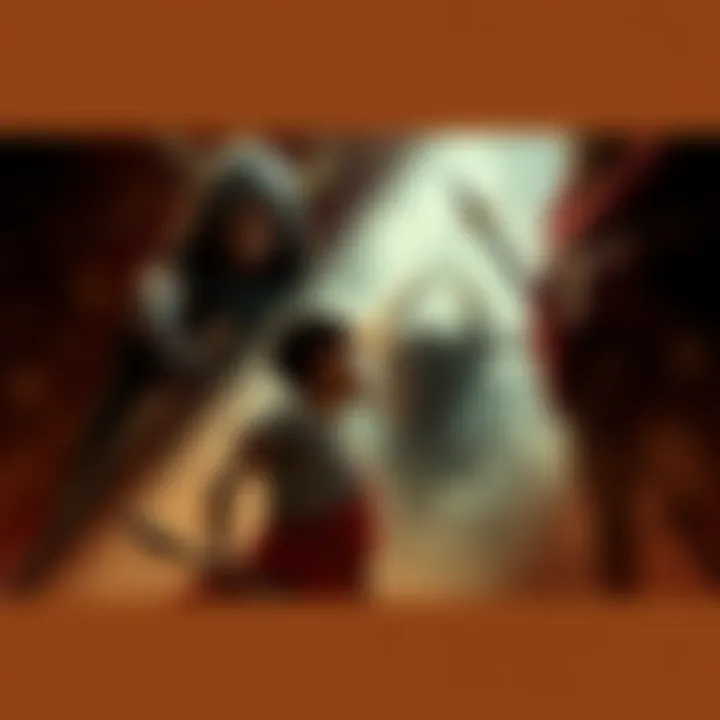 A dramatic scene featuring The Prince and Helem in a tense moment, surrounded by dark mist representing the Sand Wraith.