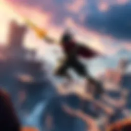 A dynamic scene featuring the Prince of Persia character leaping across a vibrant landscape filled with ancient ruins and mystical elements.