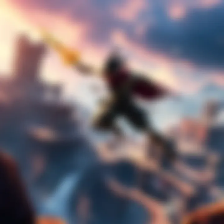 A dynamic scene featuring the Prince of Persia character leaping across a vibrant landscape filled with ancient ruins and mystical elements.