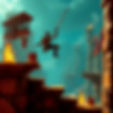 Challenging gameplay in Prince of Persia: Lost Crown A screenshot showing a difficult platforming section in Prince of Persia: Lost Crown, with the main character leaping across platforms filled with obstacles.